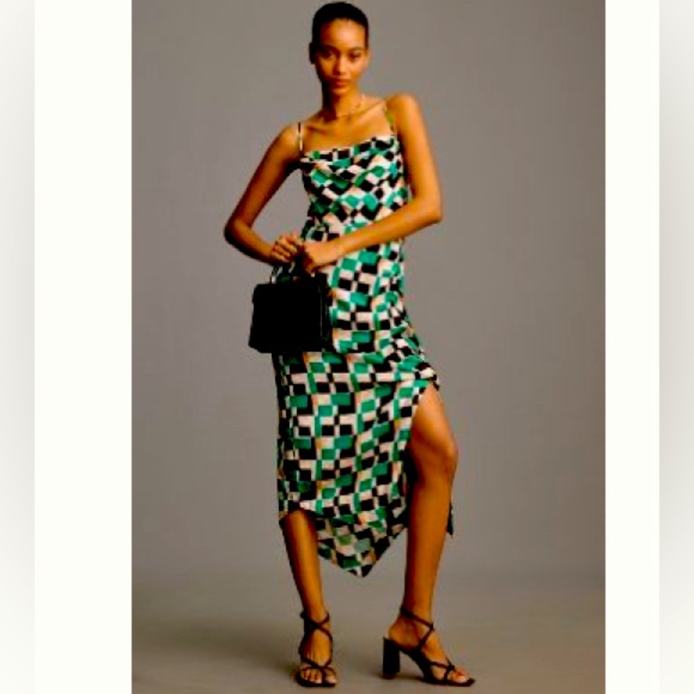 🖤💚Anthropologie Green & Black Assymetrical Slip Dress💚🖤